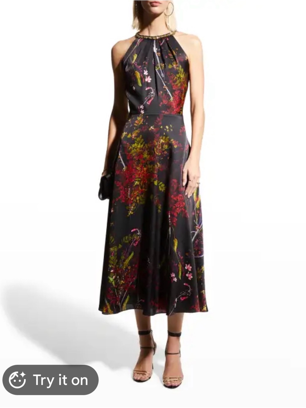Rickie Freeman Teri Jon Floral-Print Charmeuse Bejeweled Halter Dress Size 8 - Picture 1 of 15